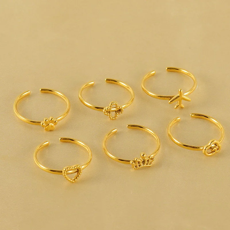 10 Pieces Fashion Simple Stainless Steel 18k Gold Plated Heart Crown Airplane Open Adjustable Rings for Women