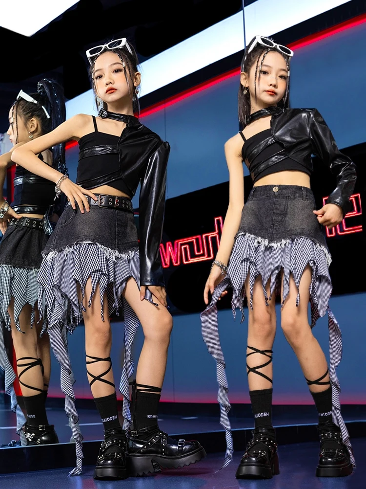 Jazz Dance Costume Girls Kpop Clothing Black Leather One-Sleeved Tops Fringe Skirt Cheerleading Performance Clothes Kids BL13357