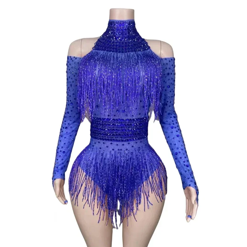 

10 Colors Red Purple Tassel Rhinestones Bodysuit Women Latin Pole Dance Crystal Fringe Leotard Team Sexy Performance Stage Wear