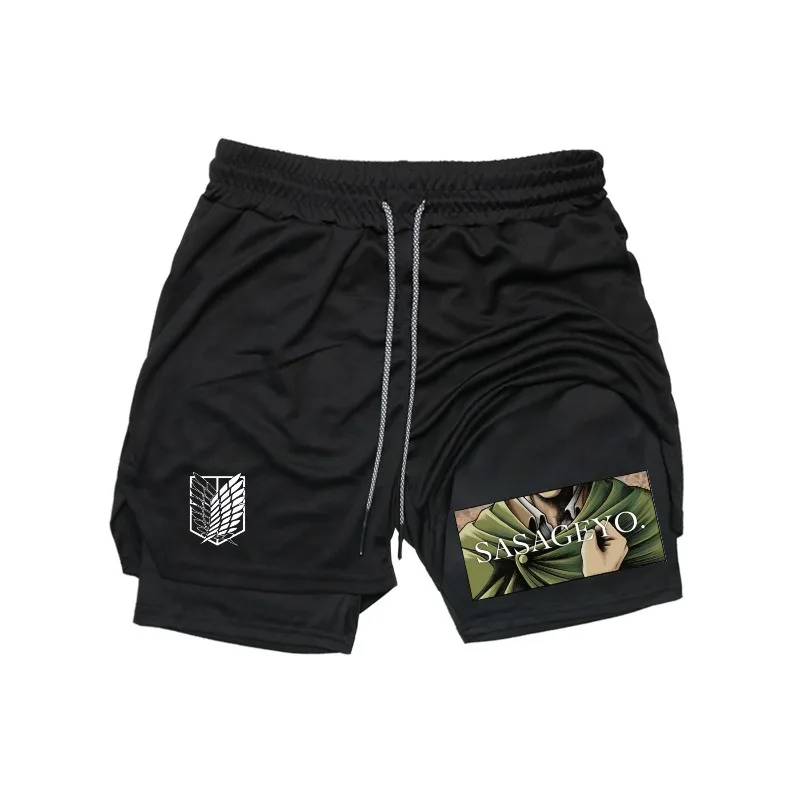 Men 2in1 Sports Shorts Attack on Titan Breathable Casual Quick-drying Doublelayer Shorts Summer Running Sportswear Bottoms M-3XL