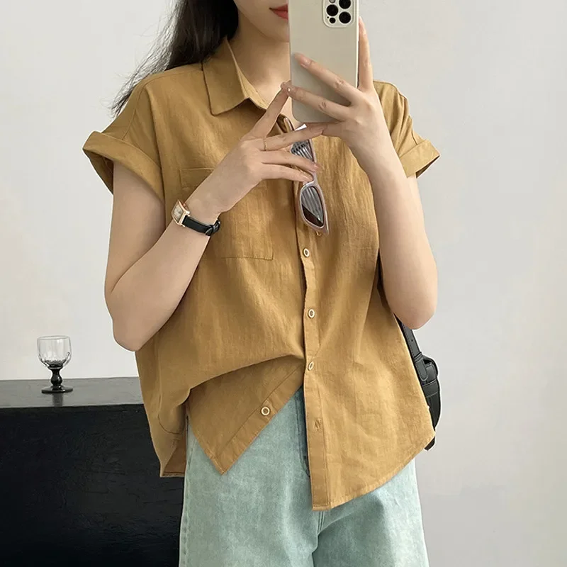 

All Match Short Sleeve Office Shirt Ladies Summer Single Breasted Chiffon Shirts Women Korean Solid Color Pocket Blouse Woman
