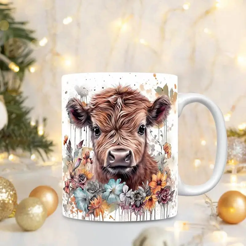 Highland Cow Mug 11 Ounces 3D Animal Flower Mug Highland Cow Ceramic Cup For Women Cute Scottish Highland Cow Flowers Cofee Mug