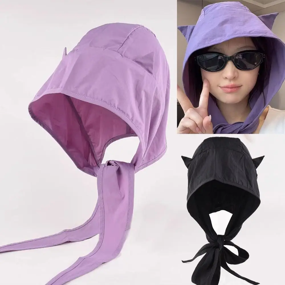 Cute Solid Color Little Devil Hat Fast-drying Pullover Style Lace-up Pullover Hat Shawl Shape Lace-up Headscarf Hat Casual Wear