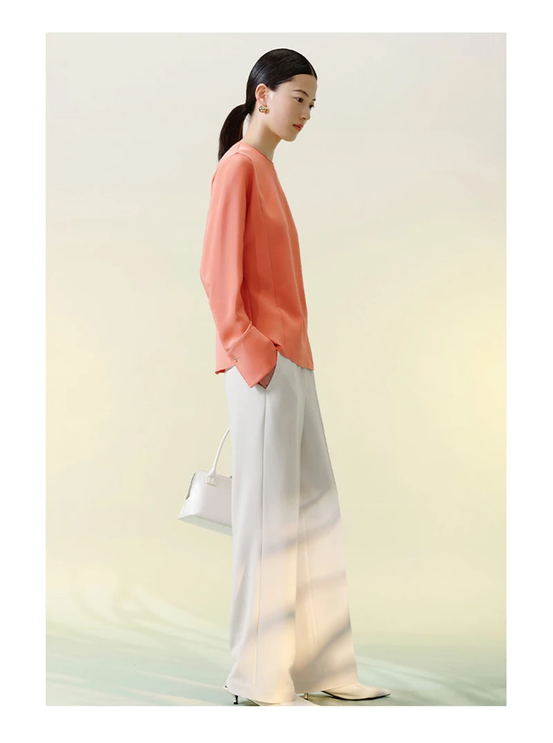 T-shirt a maniche lunghe in seta di gelso al 100% Beige Temperamento semplice Top da donna morbido, delicato e leggero e confortevole Primavera ed estate