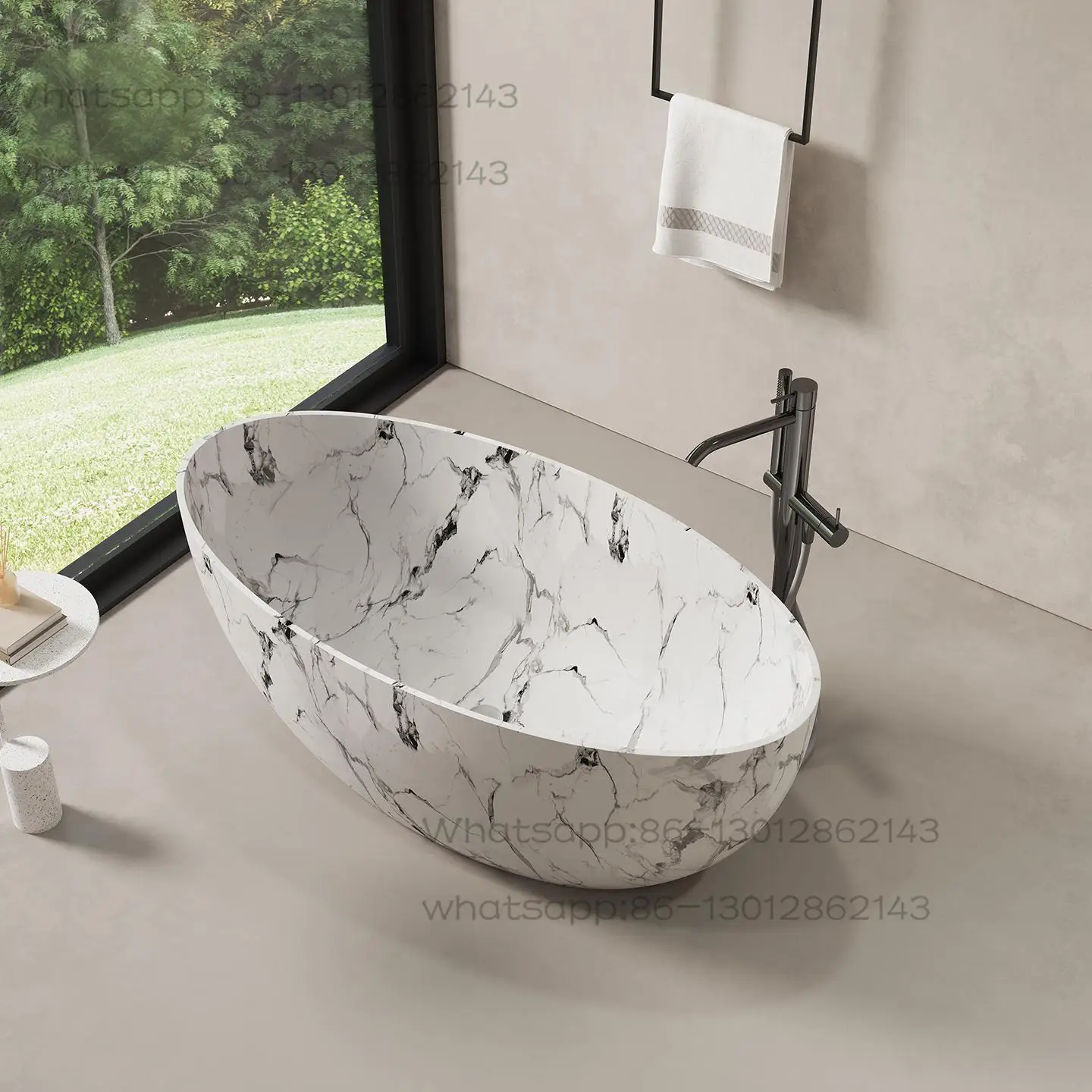 Artificial stone bathtub designed by Calacatta in white marble, used for bathrooms in homestays and villas