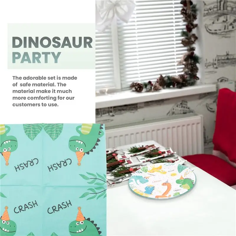 B69C 49Pcs Dinosaur Theme Party Disposable Tableware Set Paper Plate Cup Kids Boy Jungle Birthday Party Decoration Baby