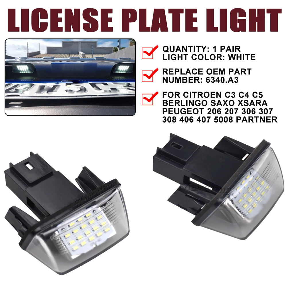 For Peugeot 206 207 307 308 406 407 5008 Partner Citroen C3 C4 C5 BERLINGO XSARA SAXO LED License Number Plate Light 6340.A3