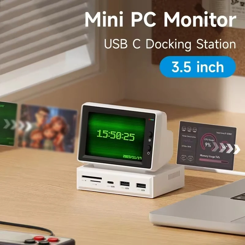 3.5-inch IPS Mini Screen AIDA64 Mini PC CPU RAM HDD Data Monitor with USB-C Hub for Laptop PC MacBook