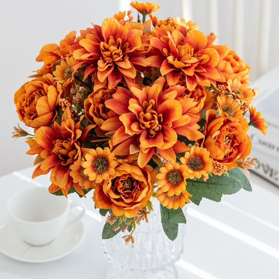 الحرير زهرة اصطناعية الساخن بيع أضاليا الورود ديزي ديكور حديقة المنزل بونساي الزفاف العروس باقة مهرجان الملونة تزين الدعامة