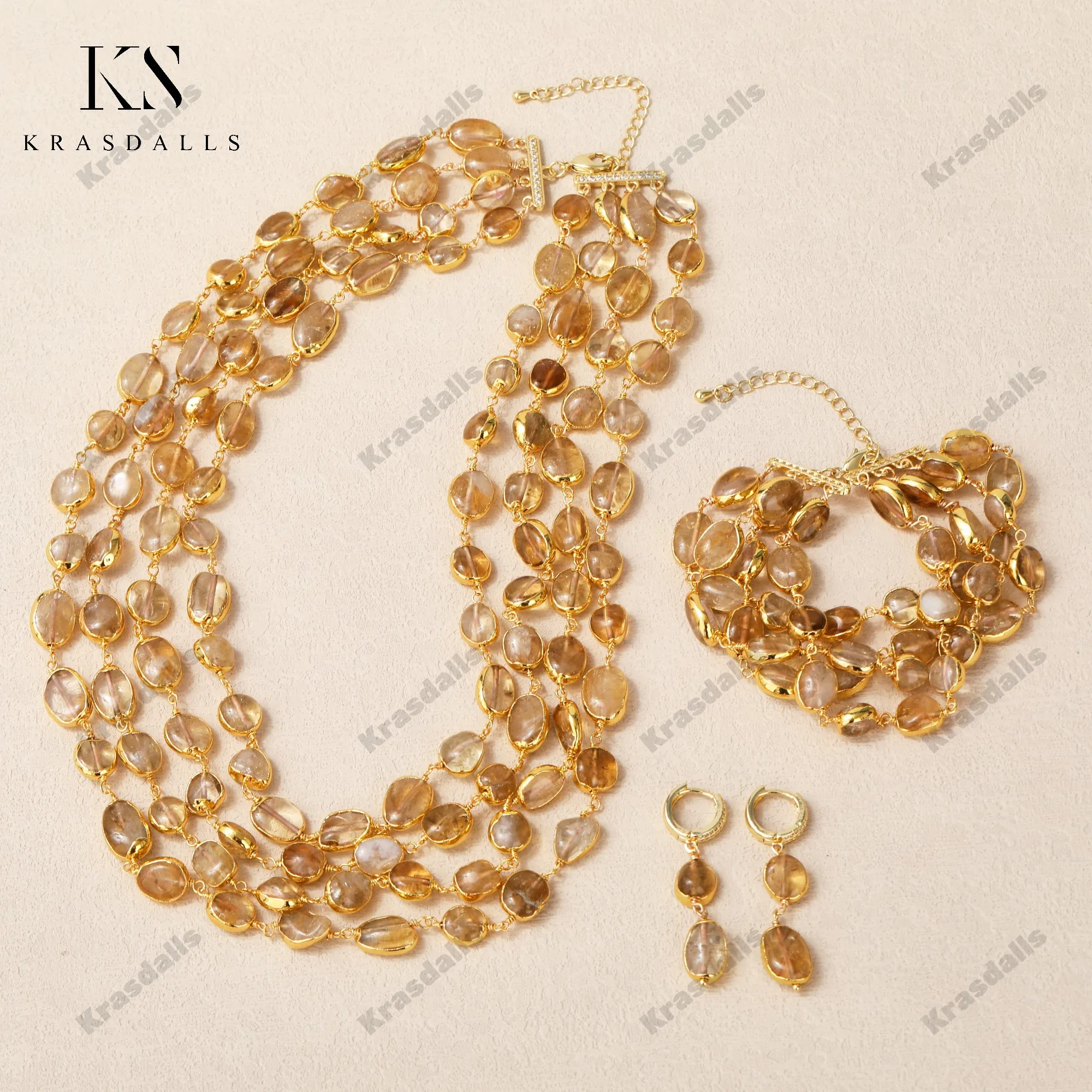 Classic Style Multi-Layer Citrine Chain Necklace Luxury Bracelet and Earrings Set Fashionable Design for Parties