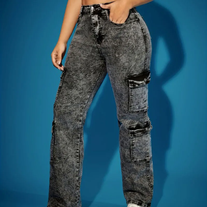 جينز نسائي فاخر لعام 2025 على الموضة الأوروبية والأمريكية، سروال طويل من قماش الدنيم متعدد الجيوب عالي المرونة