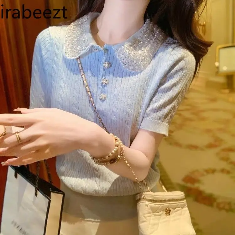 

Summer Women's Polo Neck Blouse Rhinestone Embroidery French Style Doll Collar Short Sleeve Knitted Top