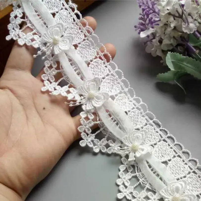 1 Yard Luxury White Lace Fabric Pearl Organza Tulle 3D Beads Flowers Embroidery Ribbon Trim Edge For DIY Sewing Neckline Decor