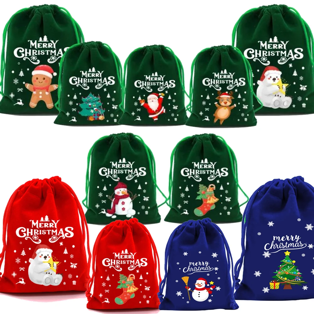 1Pcs Christmas Velvet Bags Xmas Decoration Small Candy Gift Bag Drawstring Pouch Party Favor Boutique Jewelry Packaging Bags