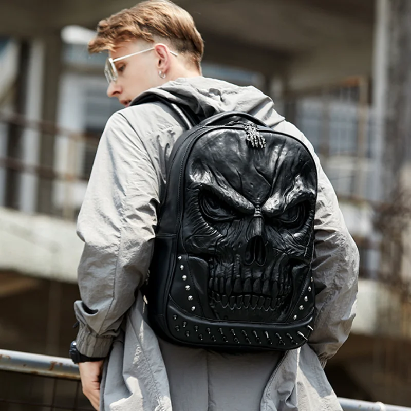 New creative soft leather backpack with PU skull, fashionable, three-dimensional and personalized backpack for both men women