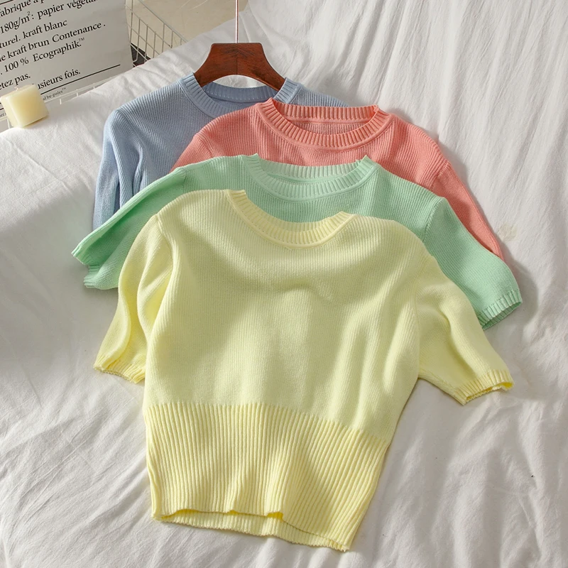 Pullovers Women Casual Solid Simple Fashion Korean Summer Thin Short Sleeve All-match Slim Кофта Женская Colorful Ladies Chic