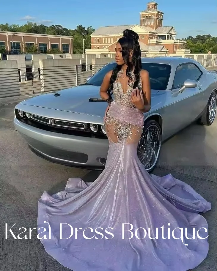 Glamoureuze Lila Zeemeermin Galajurken 2025, Sprankelende Kralen Kristallen Lange Avondjurk Paars voor Zwart Meisje Aangepast