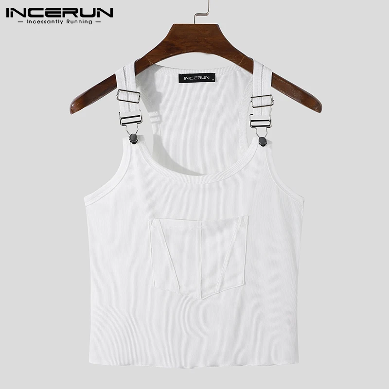 Fashion Men Tank Tops O-neck Solid Color Sleeveless Pockets Suspender Vests Men Skinny Streetwear Sexy Vacation Tops 5XL INCERUN