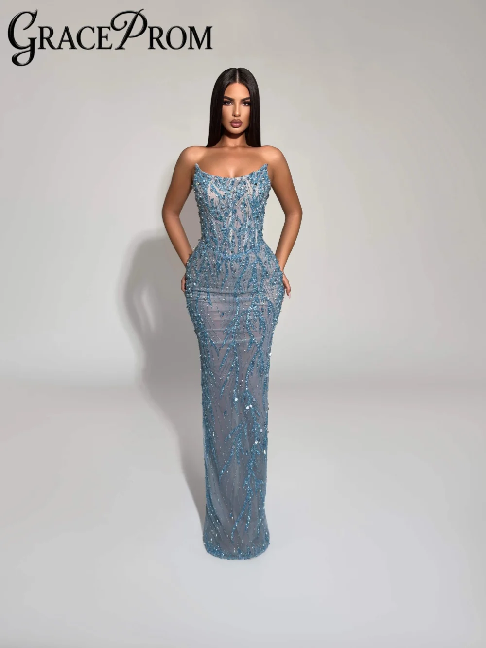 

Sparkling Embroidery Crystal Evening Dress Strapless Illusion Sheath Long Formal Party Gown Customized Modern Banquet Gowns