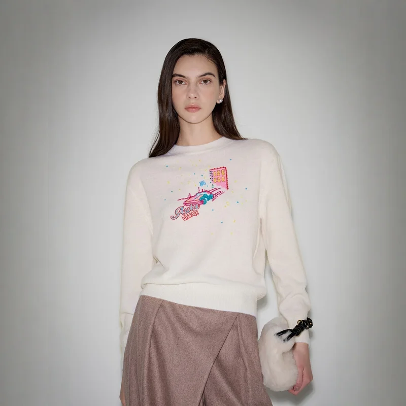 

Ele Korean Sle Pure Color Knitted Sweater round Ne Loose Fit Autumn Winter Embroidery Casual Commute Faion 25