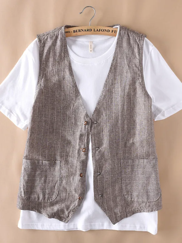 British Style Men's Linen Vest Thin Formal Suit Sleeveless Business Casual Wear Breathable V-Neck Patch Pocket Summer Top