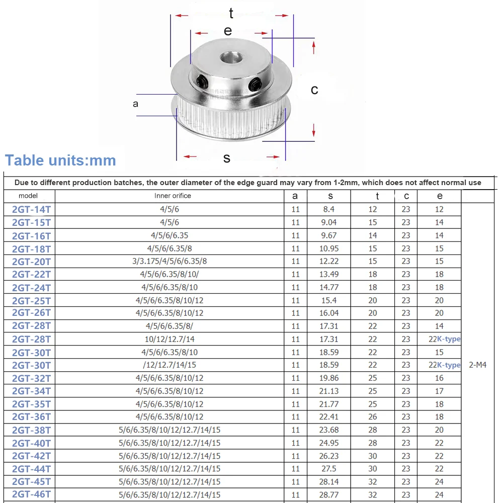 Koło pasowe rozrządu 2GT 40T 42T 44T 45T 46T 48 zębów Koło pasowe GT2 Otwór 5/6/6,35/8-15 mm Szerokość paska 6 mm/10 mm Koło rozrządu