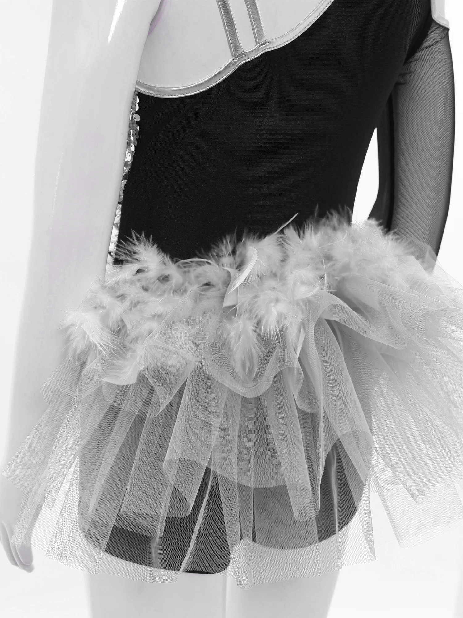 Robe de danse Jazz latine pour enfants filles, jupe en Tulle à paillettes et plumes, justaucorps à taille froncée, combinaison asymétrique
