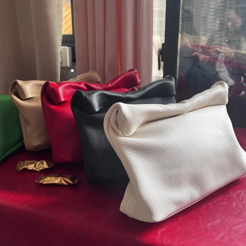 100% genuine leather Cowhide Handbag High Quality Leather Women\'s Foldable Designer Handbag Simple Magnet Handle Bags