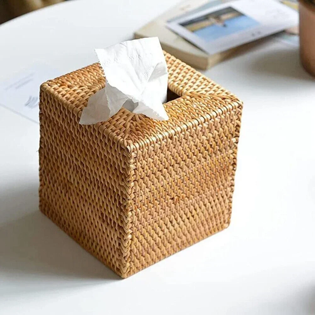 

Square Rattan Tissue Box Cover Hand Woven Wicker Tissue Holder Handmade Desktop Tissue Container Napkin Storage 5.7x5.7x5.7 In