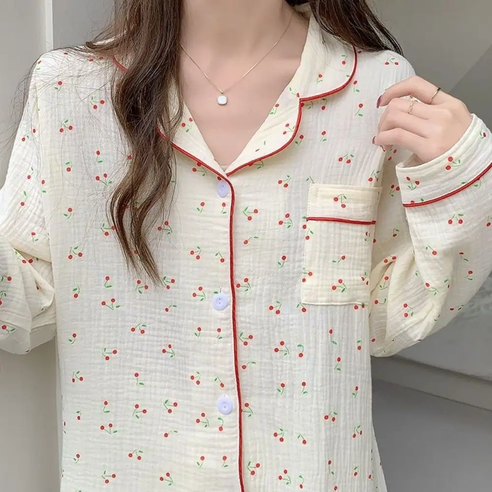 

Fashion Ruffle Cherry Pajamas Women Loose Nightdress Sweet Pajamas Suit Lapel Two Piece Nightwear Home