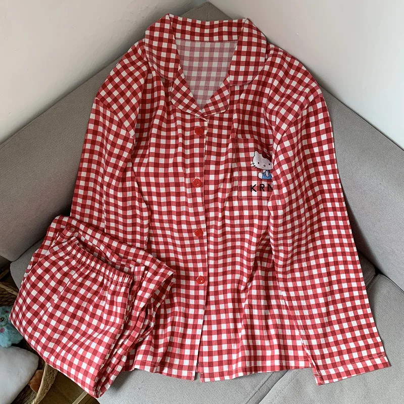 حجم كبير النساء مرحبا كيتي منامة مجموعة Kawaii Homewear طويلة الأكمام قطعتين بيجامة مجموعة فضفاضة ملابس خاصة الزي هدية الكريسماس #5