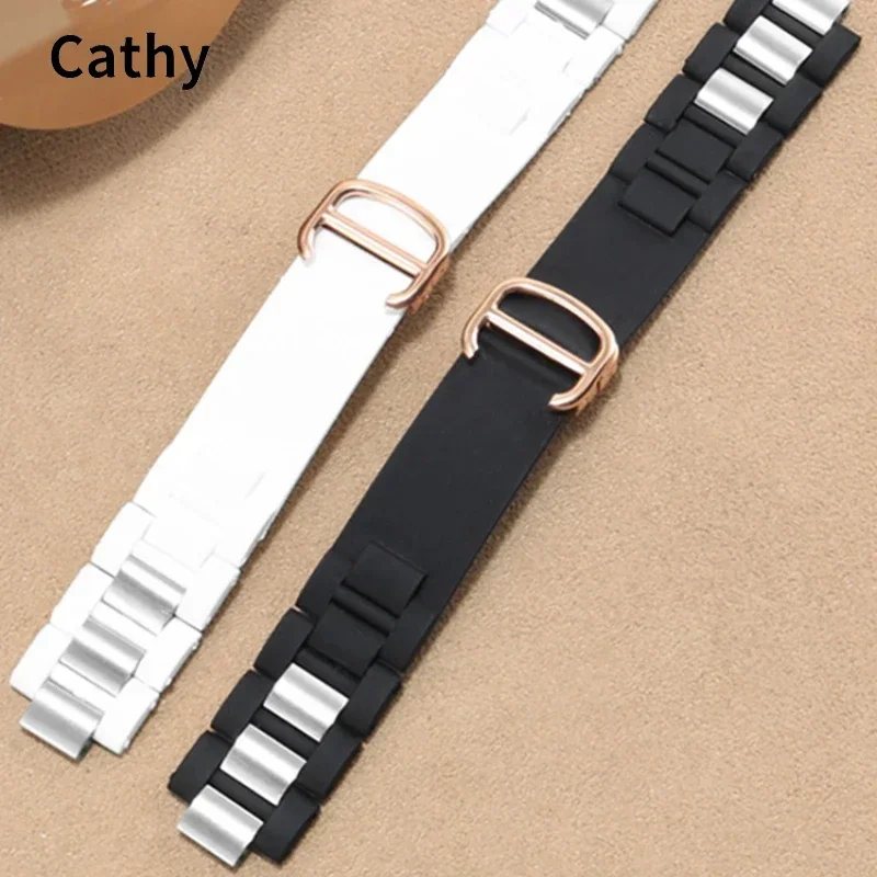 Silicone Watch Strap for Cartier 21Th Century Series Black Stainless Steel Rubber Watch Band Men Women Accessories 20 * 10mm