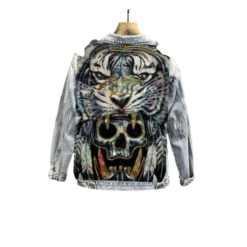 Men's Cyberpunk Denim Jacket Vintage Washed Tiger Skull Bone Harajuku Destroy Heavy Metal Streetwear Motorcycle Jeans Jacket Men