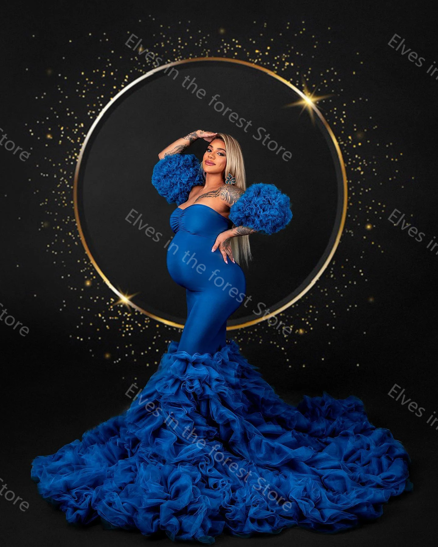 Royal Blue Mermaid Women Evening Dresses Tiered Ruffles Pregnancy Photography Robes Sexy Half Sleeves Sweep Train Maternity Gown