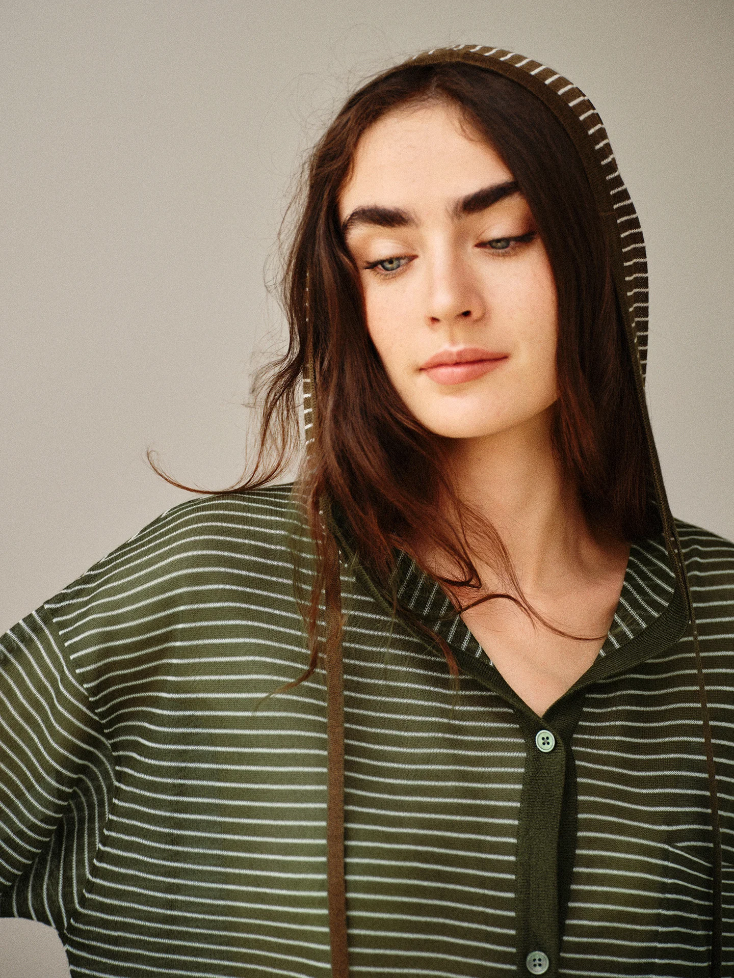 

Lightweight Loose Striped Cardigan Hooded Sea Soul Design Viscose Blend Transparent Mesh Casual Knitted Women's Top