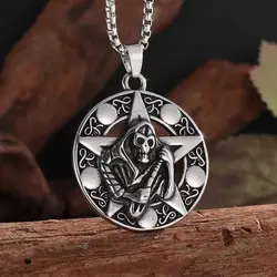 Classic Retro Hell Holy Death Sickle Round Medal Pendant Stainless Steel Necklace for Men Gothic Punk Personalized Jewelry Gifts