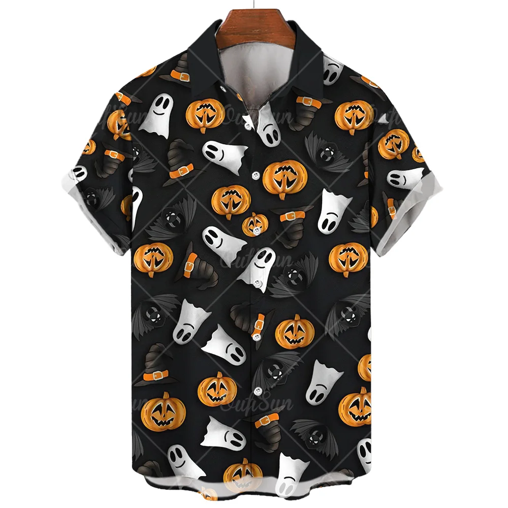 Halloween Shirt For Men Fashion Short Sleeve Tops Little Devil Print Hawaiian Shirts Casual Beach Travel Oversized Men's Clothes