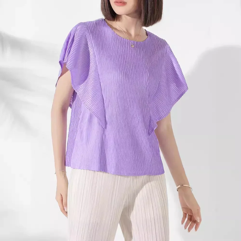 Miyake Pleated 2024 Summer New Commuter Large Size T-shirt Women's Round Neck Bat Short-sleeved Loose Solid Color Versatile Top