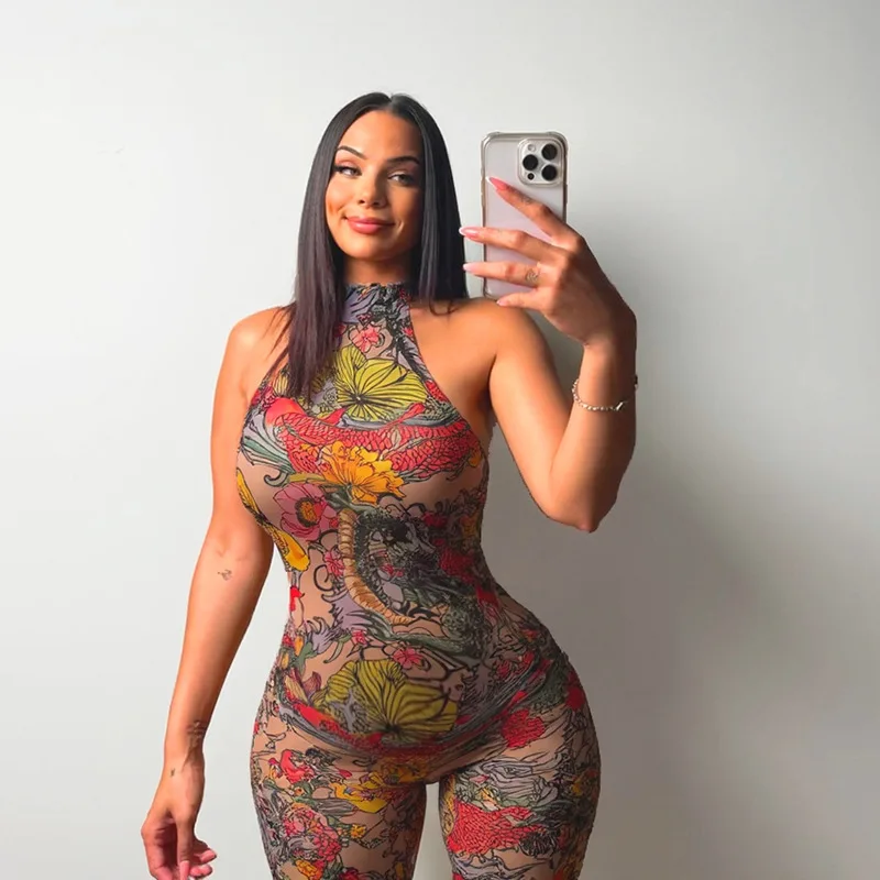 

Women Sexy Mesh Floral Dragon Print Jumpsuit, Halter Neck Sleeveless Backless Bodycon Jumpsuit Sheer See-Through Clubwear Outfit
