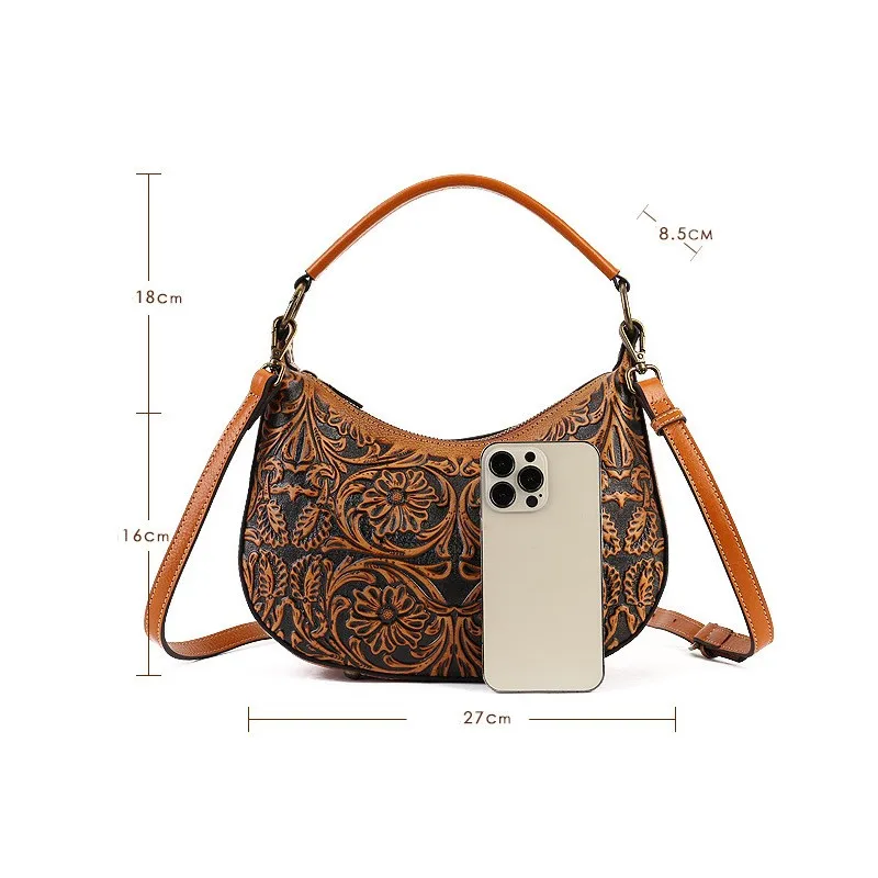 Johnature Retro Genuine Leather Bag 2024 New Fashionable Women Underarm Bag Handmade Embossed Handbag Shoulder Bags