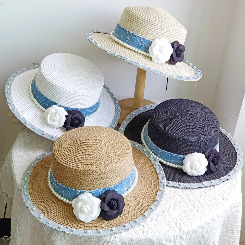 

French retro elegant straw hat Hepburn cow pearl flower hat seaside holiday beach hat sun hat new선풍기모자