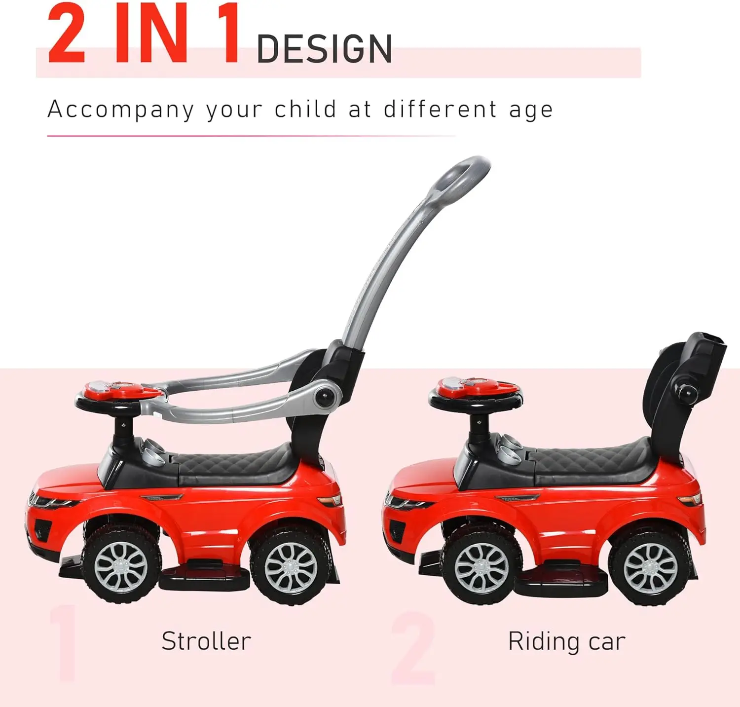 2-in-1 duwauto voor peuters met hoorn, muziek, licht en veilige stang - rijspeelgoed voor jongens, meisjes van 1-3 jaar in rood