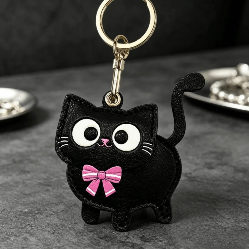 Schlüsselanhänger aus Leder, Kitty-Zugangskartenhülle, niedlicher Anti-Verlust-Ausweishalter, Taschenanhänger, Katzen-Design, Katzen-Schlüsselanhänger für Mädchen – Detail 5