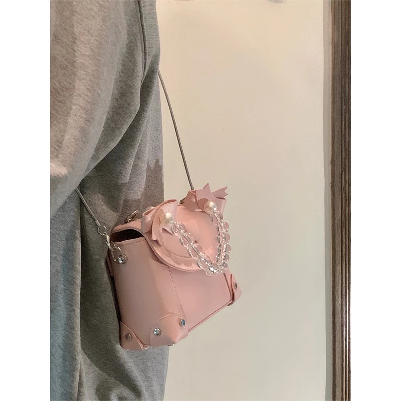 Women\'s Bow Decor Chain Handle Bag New Summer Crossbody Bag Sweet Girl Small Square Bag Satchels Bag One Shoulder Bag