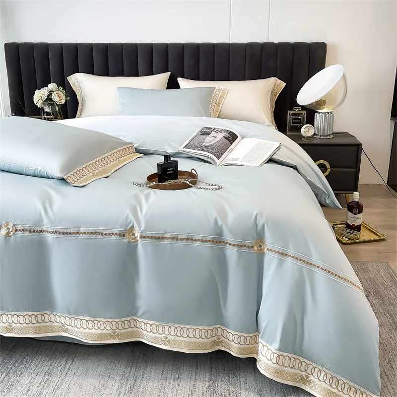 Embroidery Bedding Set Luxury Sky Blue Egyptian Cotton Quilt/Duvet Cover Fitted Bed Sheet Pillowcases Solid Color Home Textile