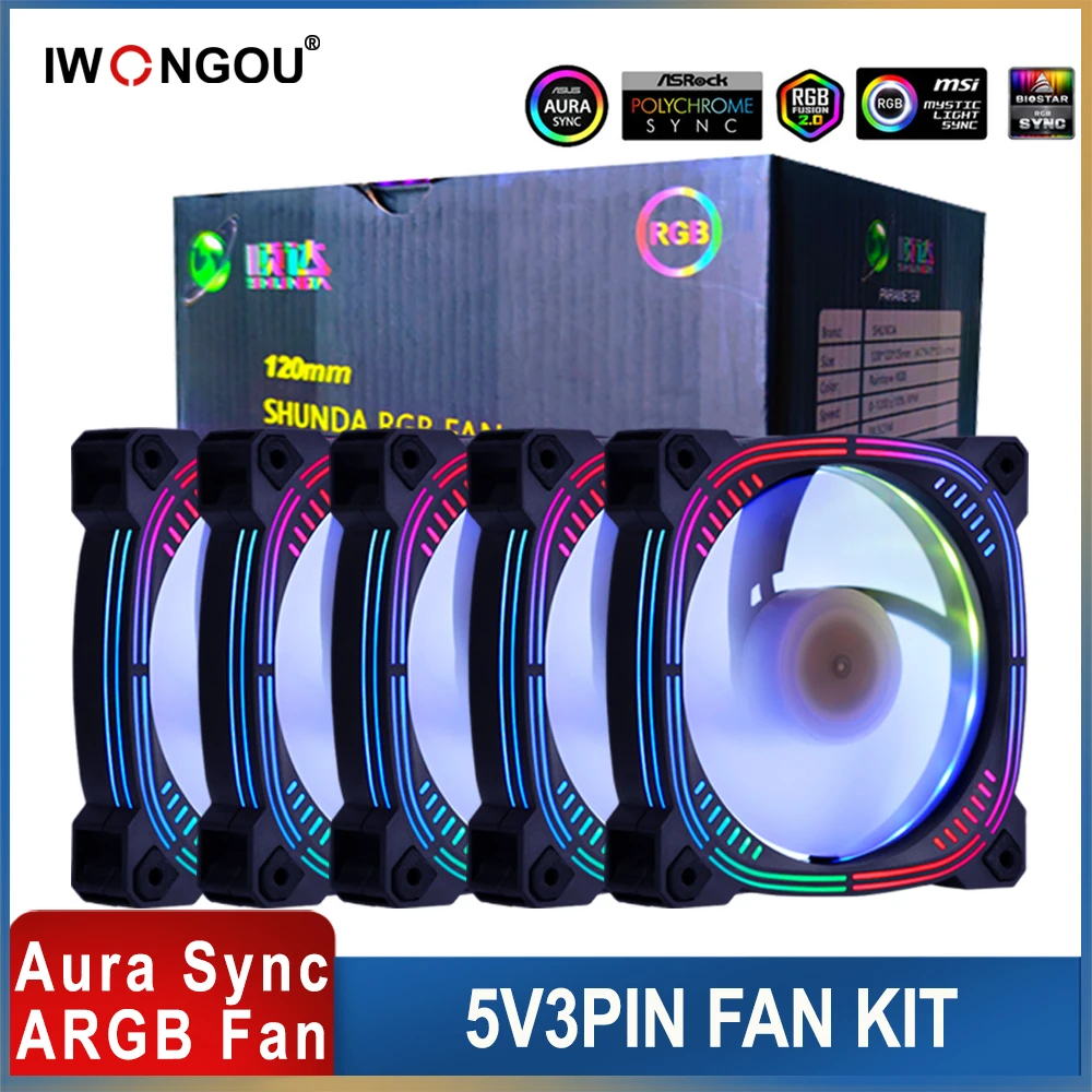 IWONGOU Argb Fan 120mm Silent High Performance 2200RPM Adjust Speed 6-1 Kit Fan Rgb Ar12 Pro 4PIN PWM 5V3PIN Cooling Fan for Pc