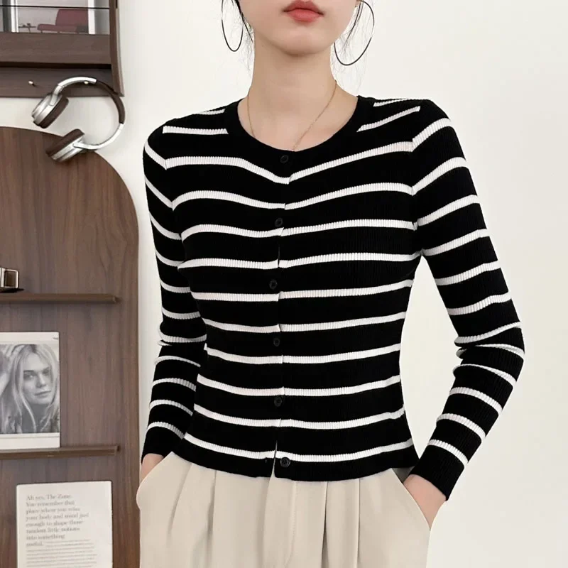 

Вязаный свитер, женские кардиганы, новый полосатый вязаный свитер с длинным рукавом и круглым вырезом, кардиган, женские топы, трикотажные изделия Sueters De Mujer Q944