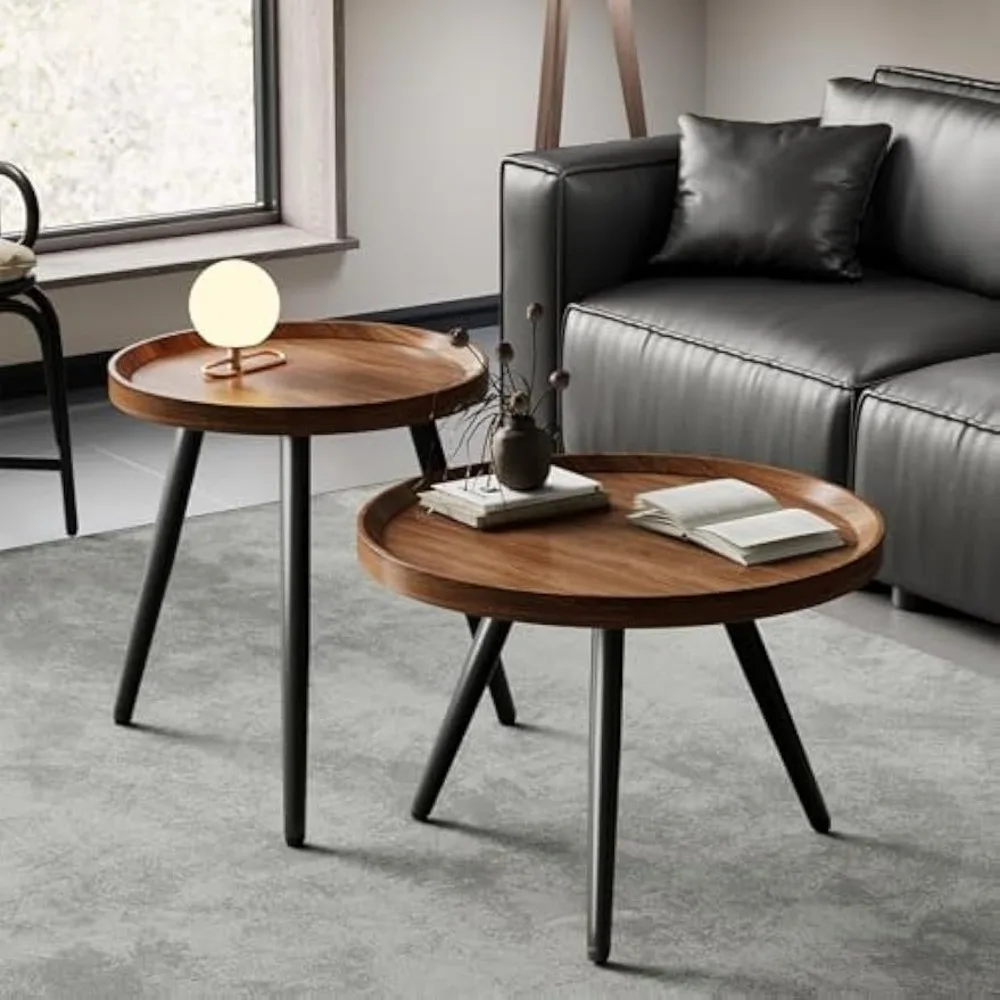 2 PCS Small Round Coffee Table, Walnut Nesting Tables for Small Spaces, Mid Century Modern Centre Table, Easy Assembly Circle Co