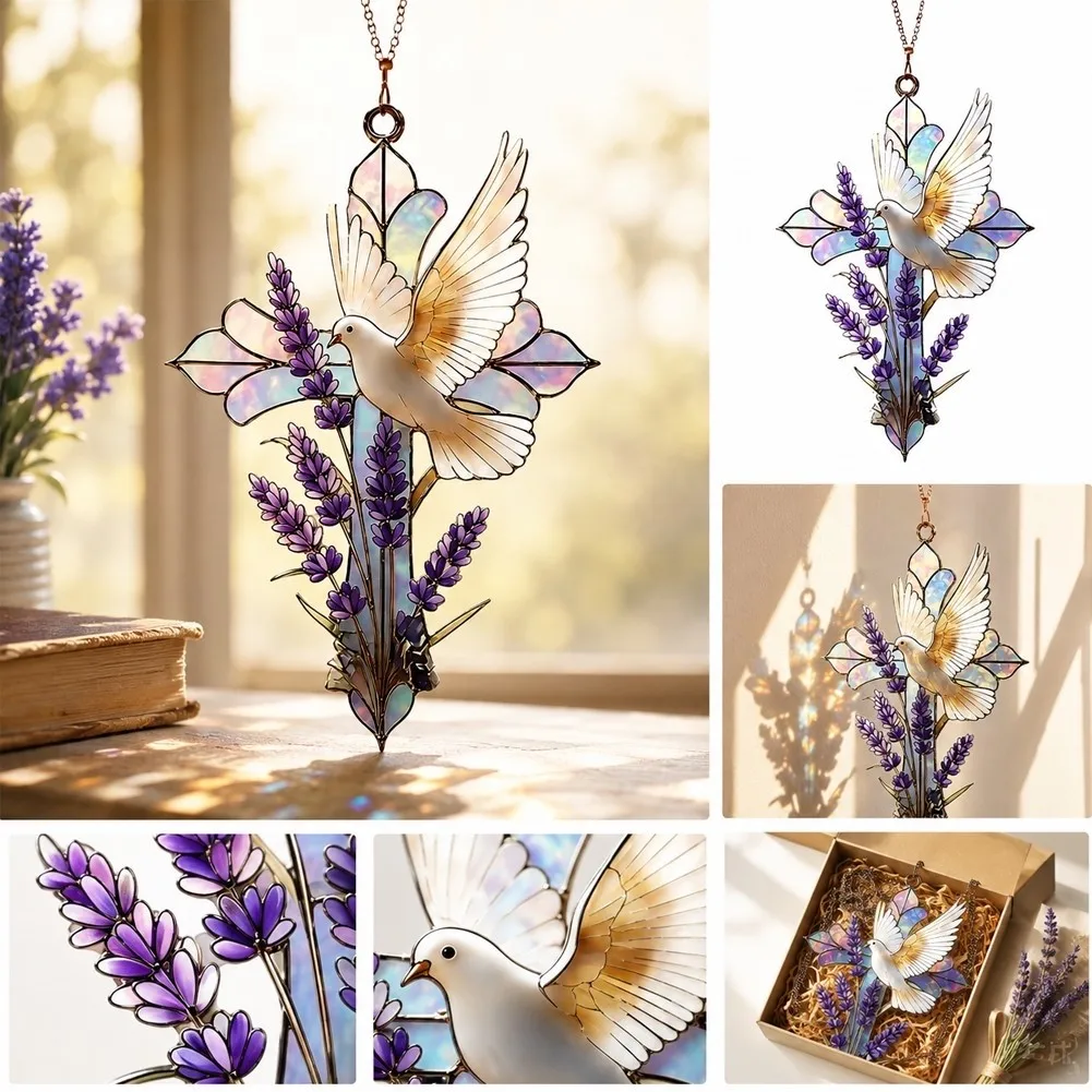 Stained Glass Hanging Art Piece 20cm with Lavender Blossoms and Integrated Christian Symbol for Window or Rearview Mirror