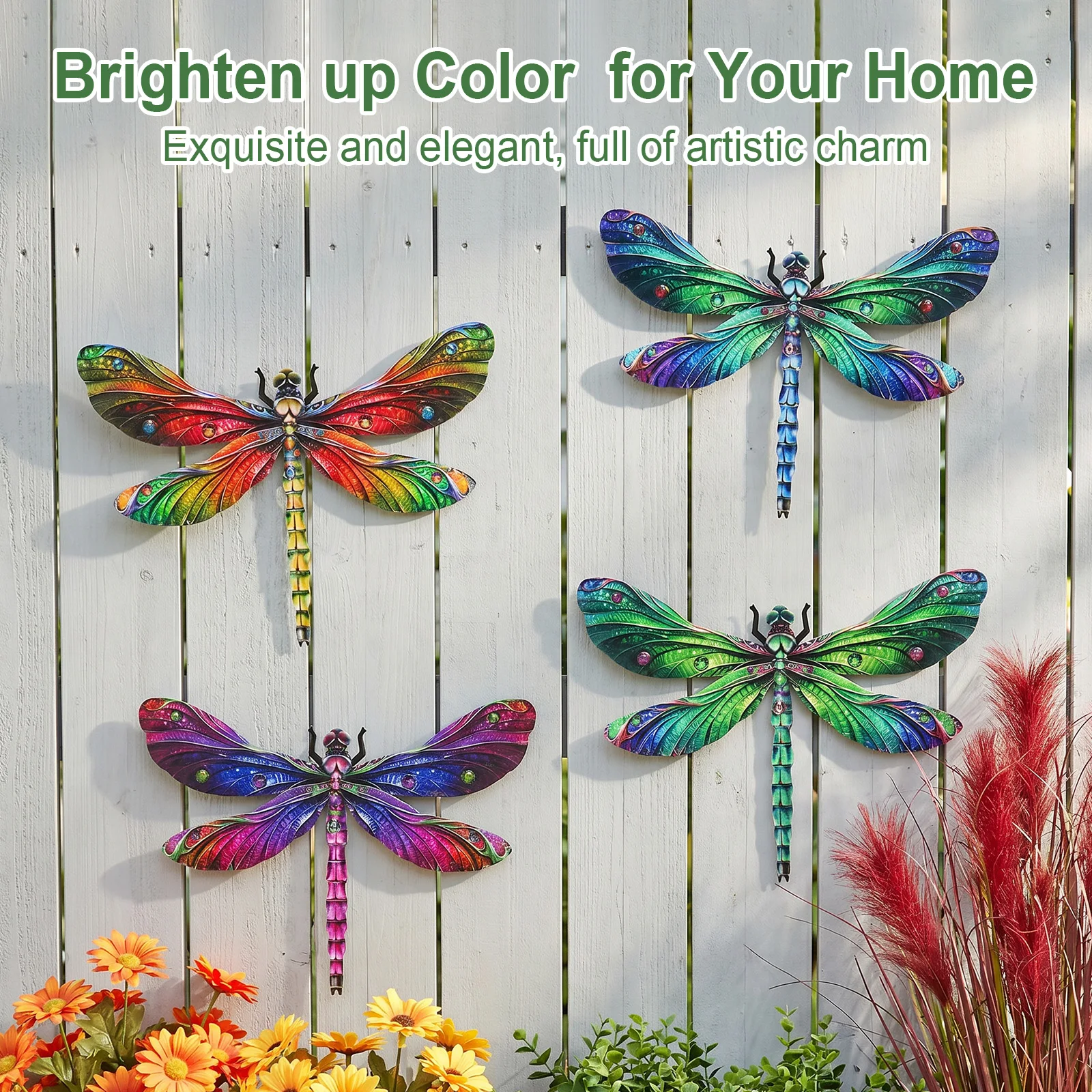 4Pcs Metal Dragonfly Wall Art Decor Colorful Iron Dragonfly Hanging Sculpture for Indoor Outdoor Garden Fence Porch Home Decor
